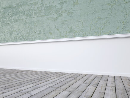 Verputzte Wand, weiße Holzvertäfelung und grauer Dielenboden, 3D Rendering - UWF000121