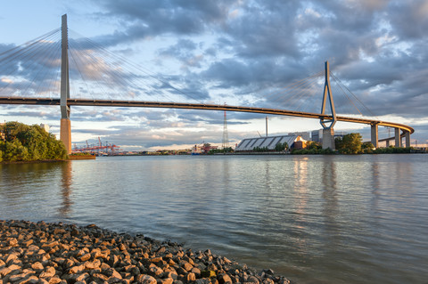 Germany, Hamburg, Port of Hamburg, Koehlbrand Bridge in the evening light stock photo