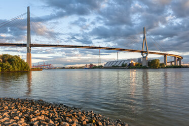 Germany, Hamburg, Port of Hamburg, Koehlbrand Bridge in the evening light - RJF000209