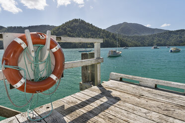 Neuseeland, Südinsel, Marlborough Sounds, Tennyson Inlet, Lebensretter auf einem Holzsteg - SHF001540