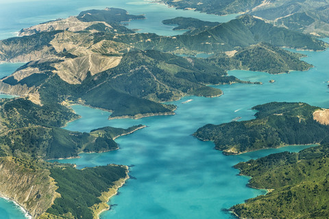 New Zealand, South Island, Marlborough Sounds, aerial photograph of the fjords near Queen Charlotte Sound stock photo