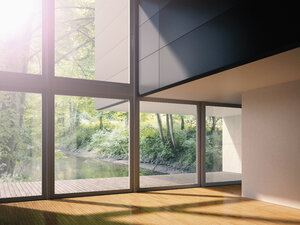 Interieur eines modernen Wohnzimmers mit Blick auf einen Bach, 3D-Rendering - UWF000126