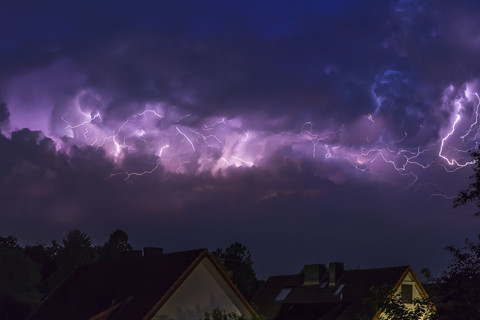 Germany, Hamburg, dramatic night sky at heavy thunderstorm stock photo