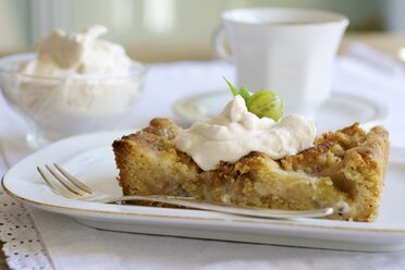 Piece of gooseberry almond tart with cream on plate - HAWF000374