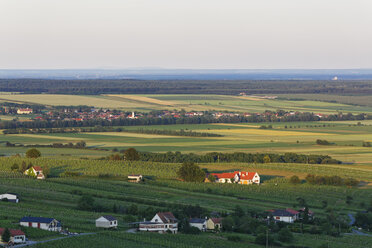 Österreich, Burgenland, Bezirk Oberwart, Eisenberg an der Pinka, Weinberge, im Hintergrund das Dorf Horvatloevoe in Ungarn - SIEF005586