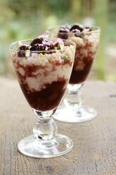 Germany, Cinnamon rice pudding with cherry compote and pistachios - HAWF000386