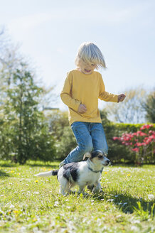 Junge spielt mit Jack Russel Terrier Welpe im Garten - MJF001302