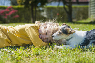 Junge spielt mit Jack Russel Terrier Welpe im Garten - MJF001305