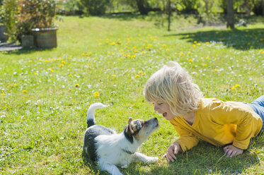 Junge spielt mit Jack Russel Terrier Welpe im Garten - MJF001314