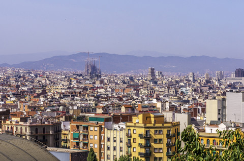 Spain, Barcelona, cityscape from Palau Nacional on Sagrada Familia stock photo