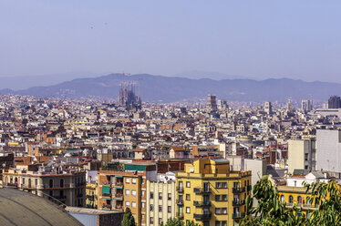 Spain, Barcelona, cityscape from Palau Nacional on Sagrada Familia - THAF000568