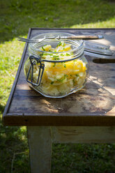Einmachglas mit schwäbischem Kartoffelsalat und Gabel auf Holztisch im Garten - LVF001596