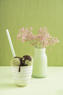 Grüntee-Eis mit Schokoladensauce und Schleierkrautblüte - ECF000683