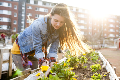 Portrait of young woman at raised bed in front of multi-family house - FEXF000145
