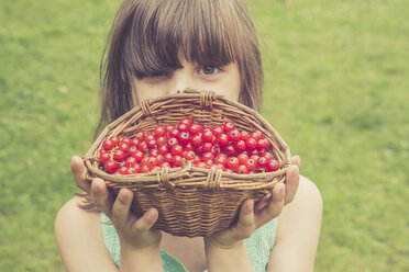 Kleines Mädchen hält Korb mit roten Johannisbeeren - LVF001619