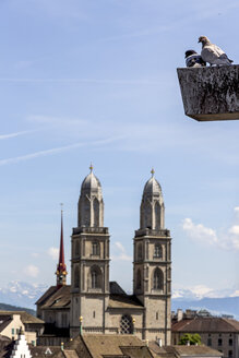 Schweiz, Zürich, Blick auf das Große Münster mit zwei Tauben im Vordergrund - EJWF000441