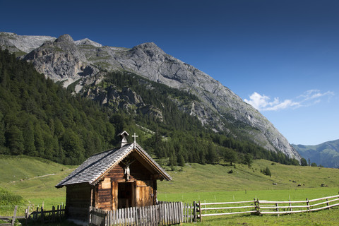 Austria, Tyrol, Hinterriss, Eng-Alm, Wooden chapel stock photo