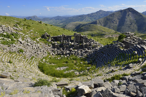 Turkey, Antalya Province, Pisidia, View over the antique theater ruin at the archaeological site of Sagalassos stock photo