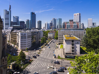 Germany, Hesse, Frankfurt, View to financial district with Commerzbank tower, , Taunusturm, Japan Tower, Helaba, Westend Tower, Deutsche Bank and Opera Tower - AMF002555