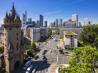 Germany, Hesse, Frankfurt, Eschenheim Tower, Financial district in the background - AMF002559