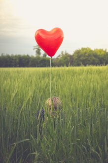 Kleiner Junge mit rotem herzförmigen Luftballon, der sich in einem Feld versteckt - SARF000733