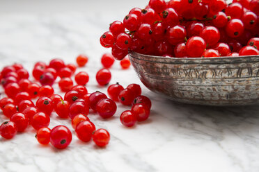 Metal bowl of red currants, Ribes rubrum, on white marble, partial view - LVF001653