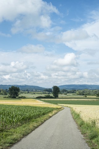 Deutschland, Baden-Württemberg, Landkreis Konstanz, Blick auf Landschaft mit Wirtschaftsweg, lizenzfreies Stockfoto