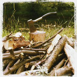 Belgium, Province Luxembourg, The Ardennes, axe on tree stump, pile of fire wood for campfire and barbeque - GWF003015