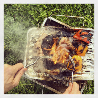 Belgien, die Ardennen, brennender Grill, Lammkoteletts und Paprika, Mann rettet Essen aus den Flammen - GWF002938