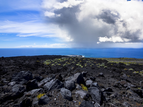 Spain, Canary Islands, La Palma, Atlantic Ocean, Thunderclouds near Faro de Fuencaliente stock photo