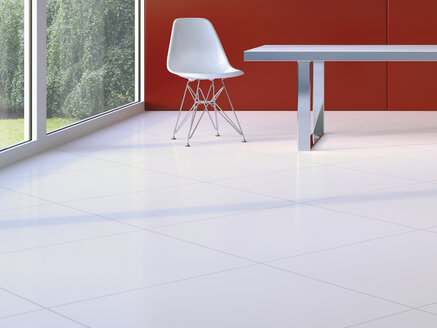 Designermöbel auf weißen Bodenfliesen, 3D Rendering - UWF000146