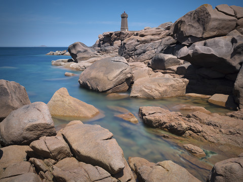 France, Brittany, Cotes-d'Armor, Cote de Granit Rose, Lighthouse Mean Ruz stock photo