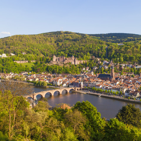 Deutschland, Baden-Württemberg, Heidelberg, Blick auf Altstadt, Alte Brücke, Heiliggeistkirche und Heidelberger Schloss, lizenzfreies Stockfoto