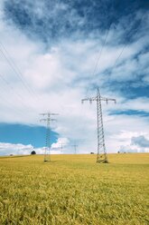 Germany, Baden-Wuerttemberg, Constance district, Barley field and power pylons - ELF001244