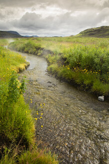 Island, Landschaft mit Bach, der Wasser aus heißen Quellen erhält - FCF000361