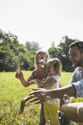 Eltern und kleine Tochter machen Seifenblasen auf einer Wiese - UUF001527