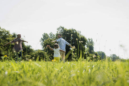 Eltern und kleine Tochter haben Spaß auf einer Wiese - UUF001530