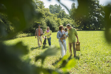 Drei Generationen Familie beim Spaziergang auf einer Wiese - UUF001537