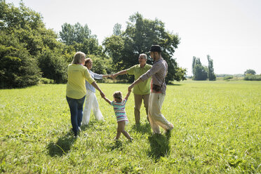 Three generations family playing ring-a-ring-a-roses on a meadow - UUF001538