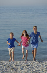 Italien, drei lächelnde Kinder laufen Hand in Hand am steinigen Strand vor dem Meer - LBF000894