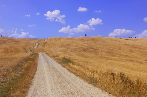 Italien, Toskana, Val d'Orcia, Blick auf leeren Feldweg durch Feld, lizenzfreies Stockfoto