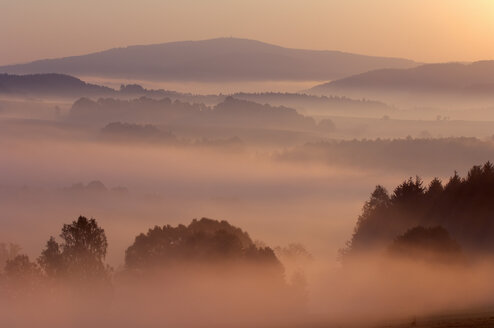 Deutschland, Sachsen, Sächsische Schweiz, Morgenstimmung mit Nebel bei Sonnenaufgang - RUEF001270