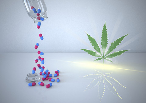 Pillen und Cannabisblatt, Illustration, lizenzfreies Stockfoto
