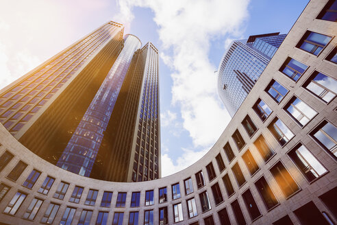 Germany, Hesse, Frankfurt, high-rise buildings against the sun - ZMF000324