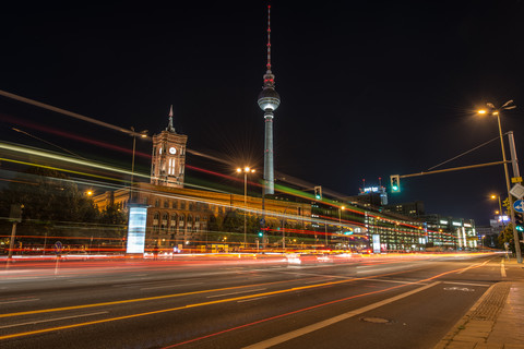 Germany, Berlin, Mitte, Berlin TV Tower and Red Town Hall at Alexanderplatz at night stock photo