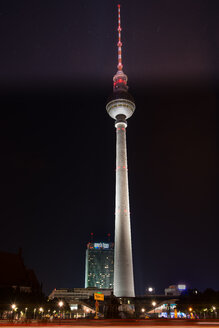 Germany, Berlin, Mitte, Berlin TV Tower at Alexanderplatz at night - MKFF000066