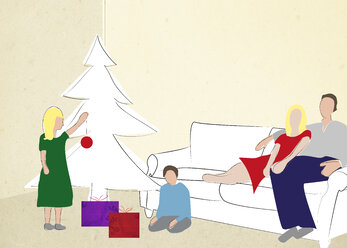 Familie am Weihnachtsbaum, Illustration - CMF000151