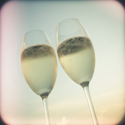 Two glasses of champagne outdoors stock photo