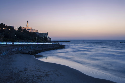 Israel, Tel Aviv-Jaffa, St. Peter's Church and beach, Blue hour stock photo