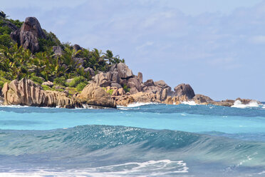 Seychelles, La Digue Island, Rocky coast at Anse Cocos beach - KRPF000743